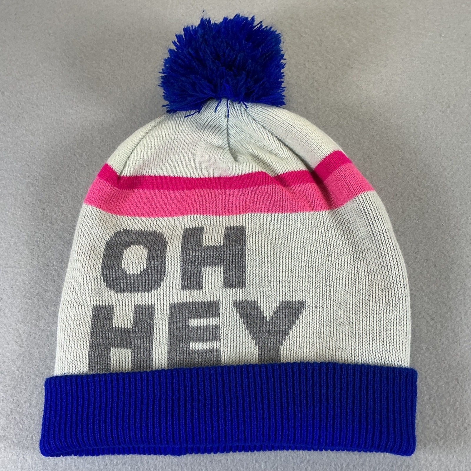 Aeo Beanie Hat Oh Hey Pom Pom Blue Pink White Acrylic Winter Cap Os
